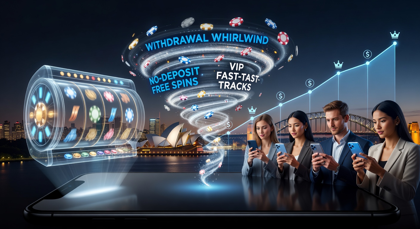 Smartphone mit Casino-App im Vordergrund, australische Flagge und Symbole für Freispiele sowie schnelle Auszahlungen